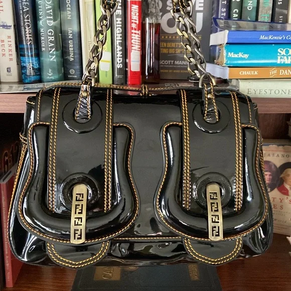 Fendi B Bag Purse in Black Patent Leather with Orange Contrast Top Stitching - Picture 2 of 16